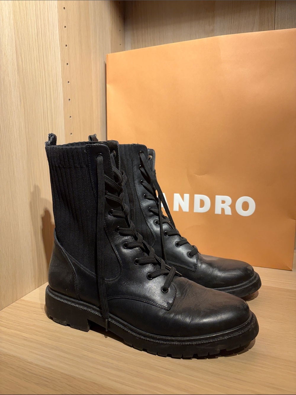 Black Leather Lace-Up Knit Ankle Combat Boots